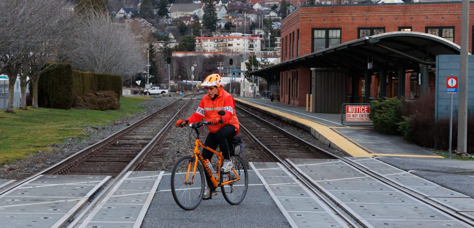 The only people using the rails are those crossing the tracks near the Amtrak Station in Fairhaven on Thursday in Bellingham.