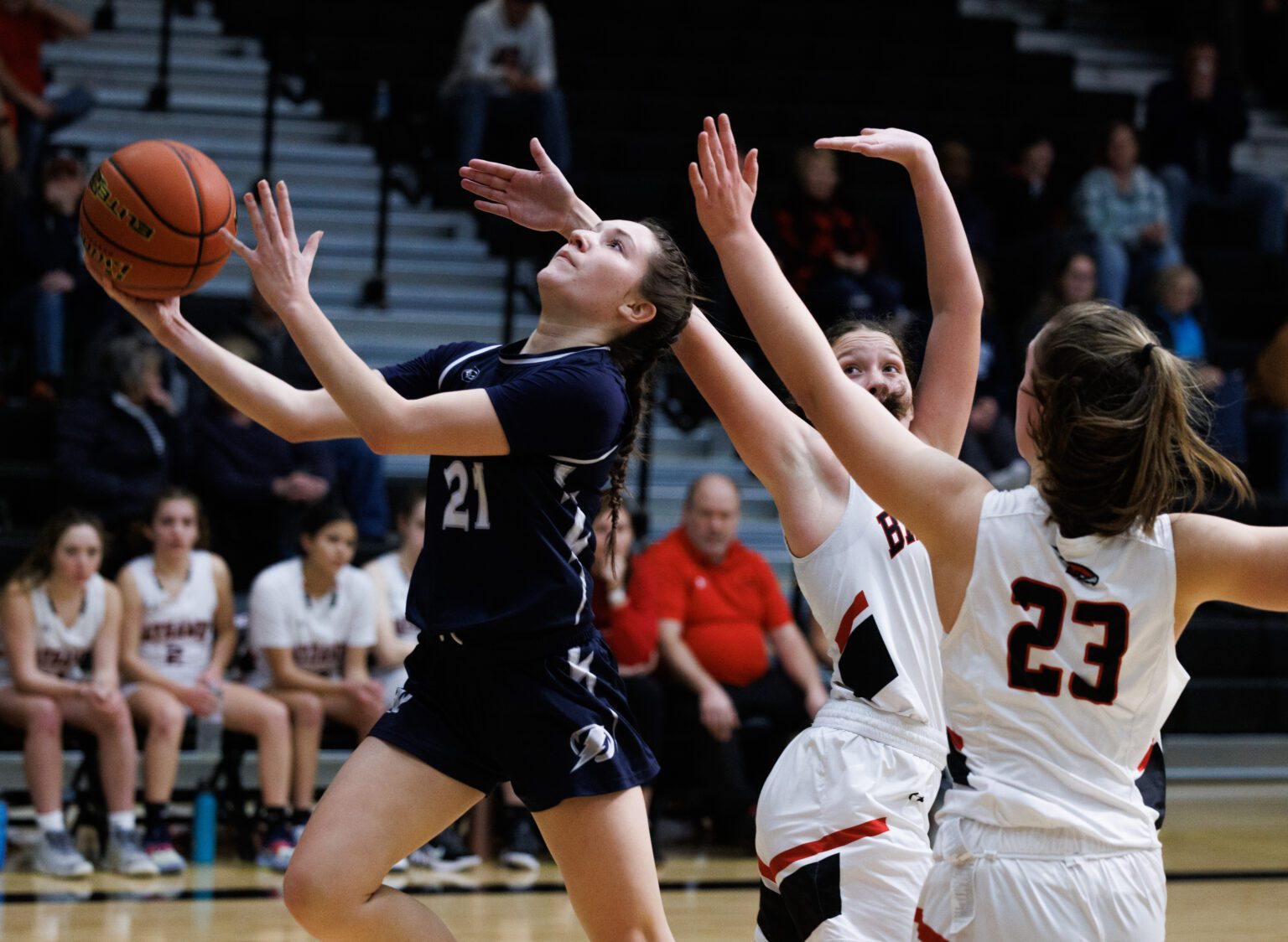 Squalicum’s Mari Binning jets past the Bellingham defense for a shot at the basket as the Storm beat Bellingham 56-32 on Jan. 21. Binning finished with a game-high 18 points.