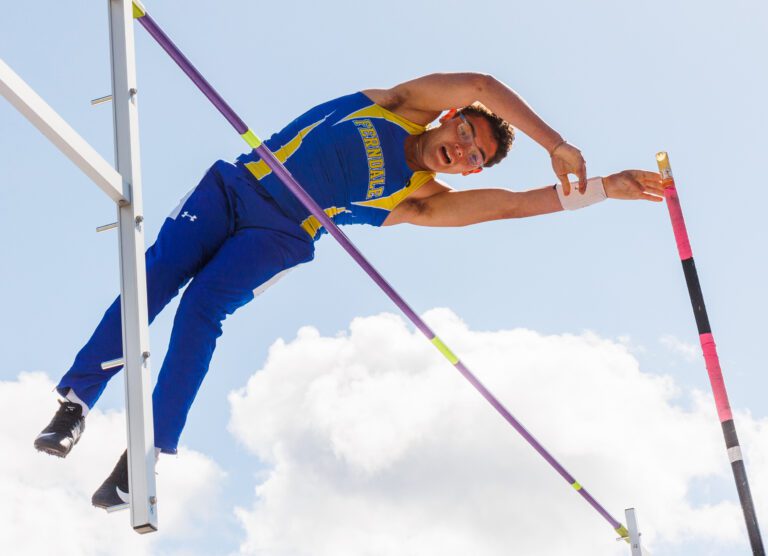 Ferndale’s Andrew Finsrud clears the bar in the pole vault at the Birger Solberg Invitational track meet held at Civic Stadium on April 9. Finsrud finished fourth in the event.