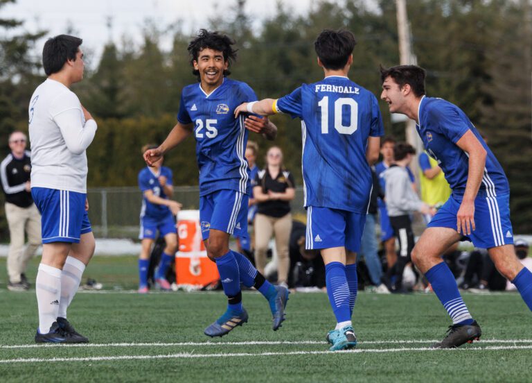 Ferndale’s Luis Rodriguez (25) smiles as the Golden Eagles celebrate his goal. Ferndale beat Sedro-Woolley 2-0 in soccer at Phillips 66 Soccer Fields on April 29.