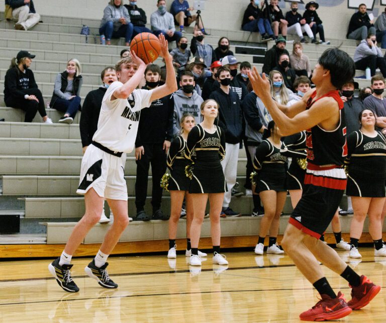 Meridian's Jaeger Fyfe hits one of his nine 3-point shots as Meridian beat Mount Baker 66-46 in boys basketball at Blaine High School on Feb. 8.