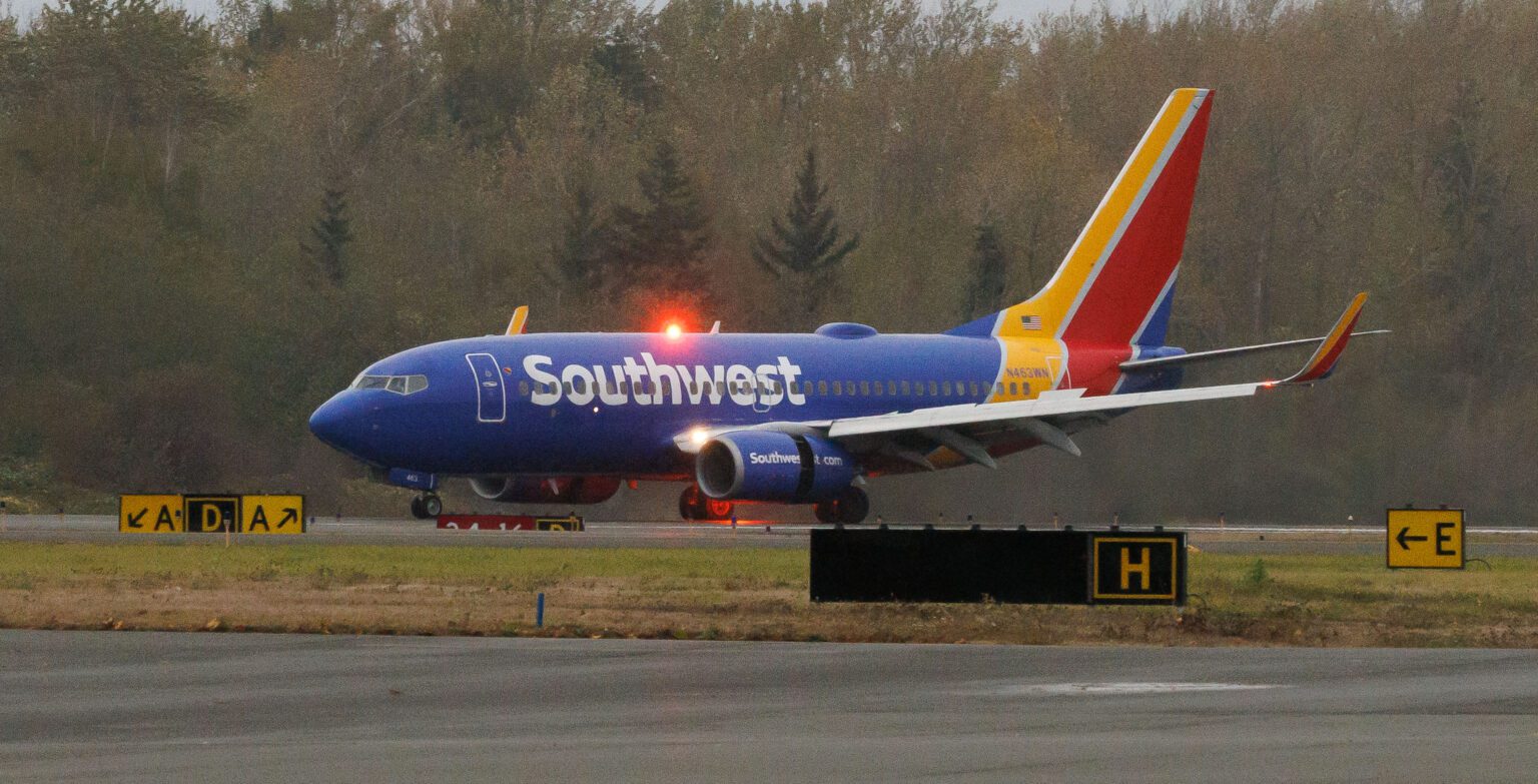 A Southwest Airlines plane lands at Bellingham International Airport on Oct. 27. The airline will begin a seasonal