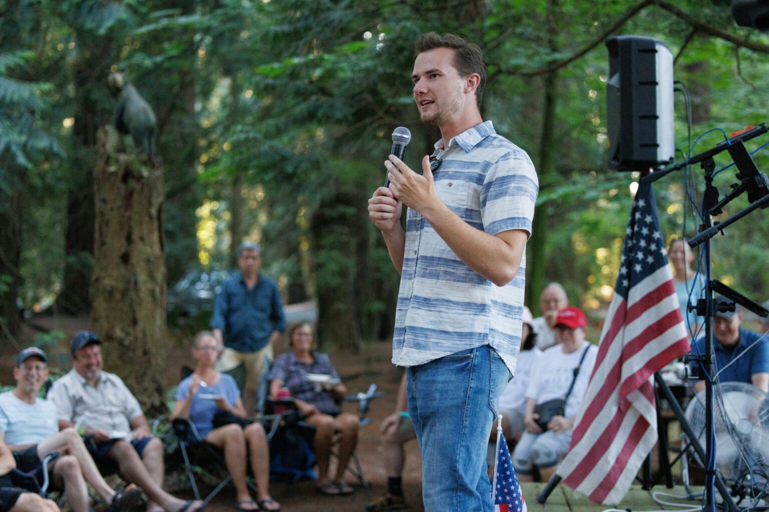 State Sen. Simon Sefzik speaks to voters at a Republican Party picnic near Ferndale on July 29. Sefzik's campaign has raised $747