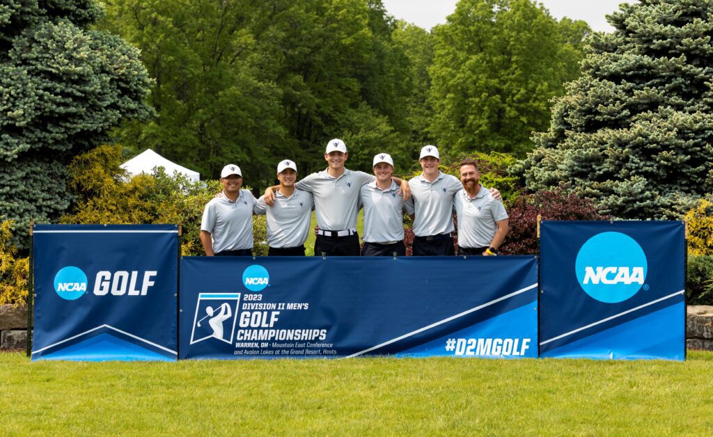 From left, Western Washington University golfers Drew Halili, Jordan Lee, Seth King, Cody Oakes and Conrad Brown post with coach Luke Bennett.