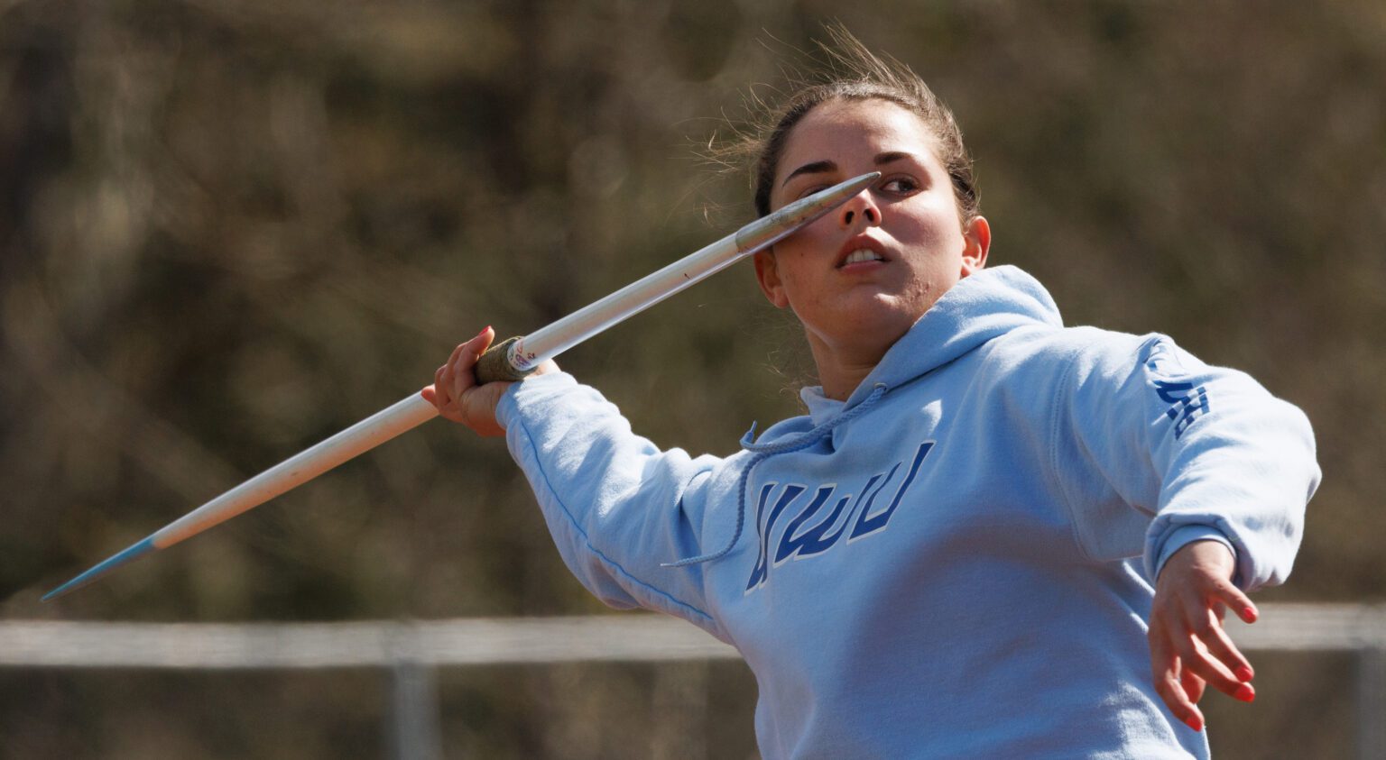 Western Washington University’s Amanda Short throws the javelin during warmups before a meet at Civic Stadium on April 2.
