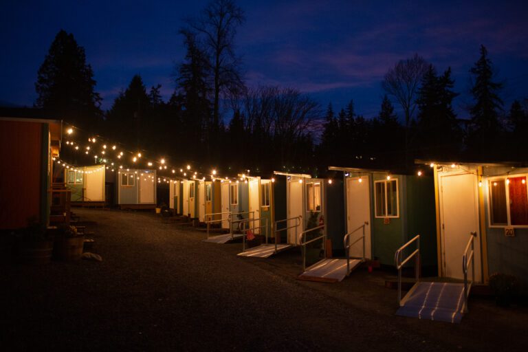 String lights adorn the 36 residences at Gardenview Tiny House Village