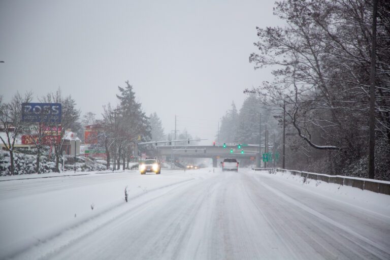 Snow covers Meridian Street in Bellingham in December 2021. Snow or sub-freezing weather will activate cold-weather shelters for homeless people again this year in Bellingham and Ferndale.