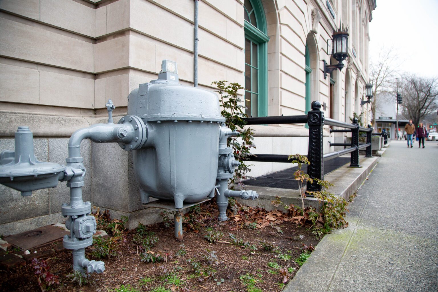 A meter measures natural gas usage at the Federal Building on Cornwall Avenue in downtown Bellingham. Natural gas will be prohibited for heating uses in new commercial and larger residential buildings in the city.