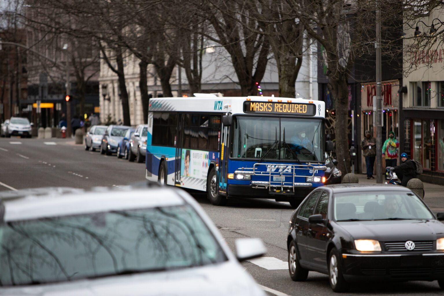 A Whatcom Transportation Authority bus heads up Magnolia Street on March 10. Thanks to federal relief dollars