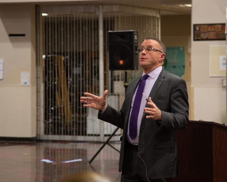 Ferndale superintendent candidate John Parker speaks to the community at a forum on March 21 at Horizon Middle School.