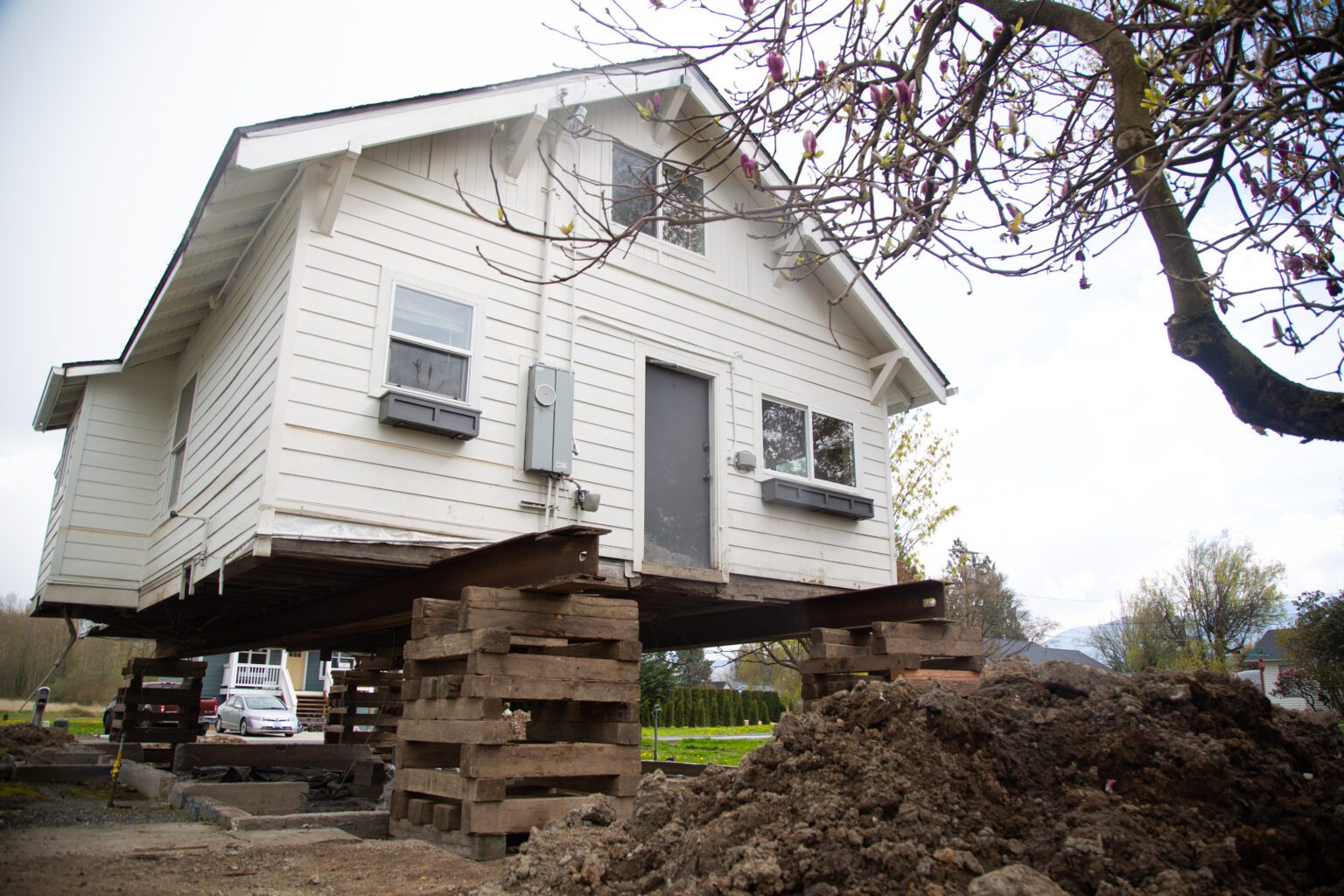 Nicole Miller's two-bedroom home was lifted off its foundation for repairs following the floods in Sumas in November. There are only a few companies in Whatcom capable of lifting Miller's home onto stilts. One tried to charge Miller over $30