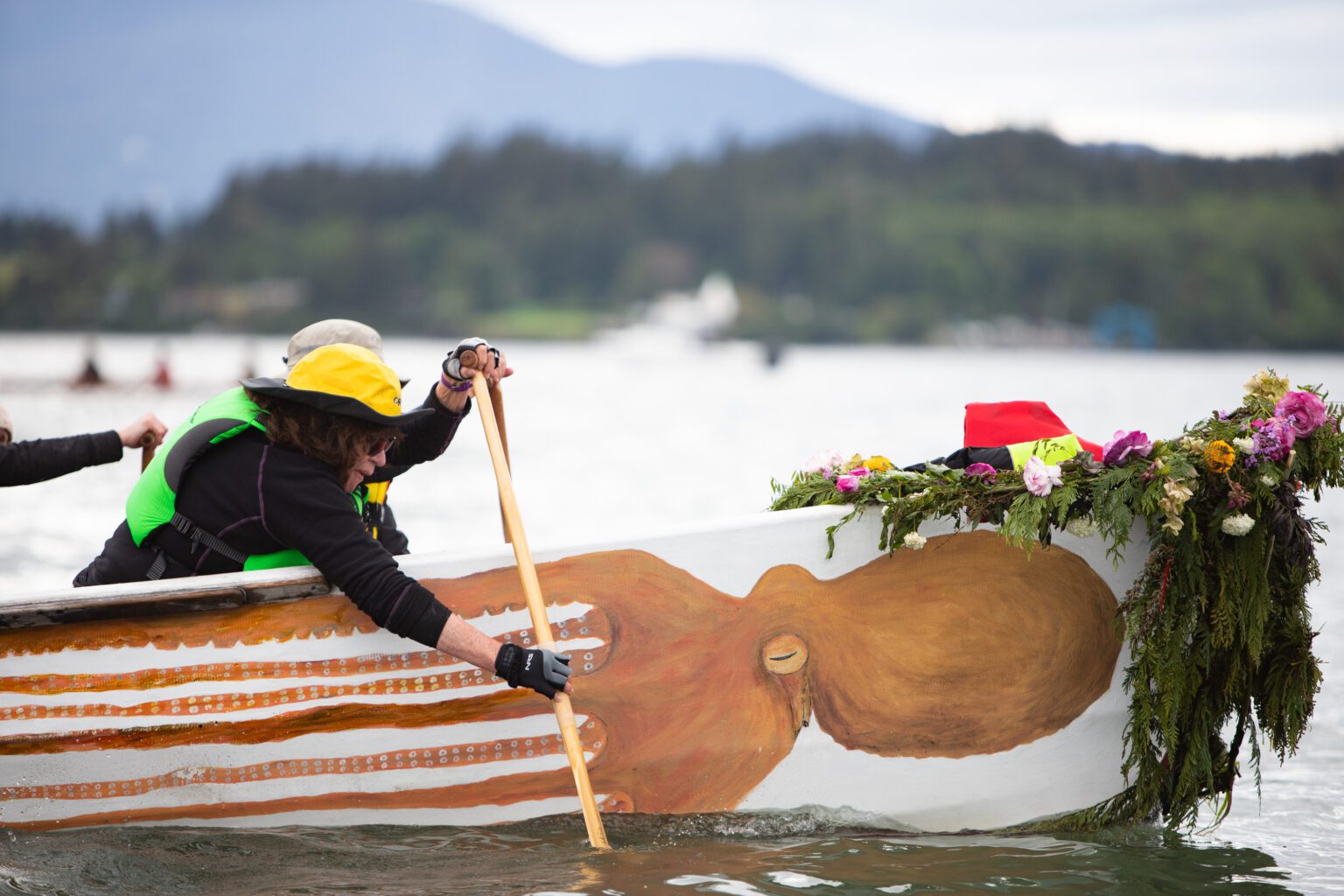 The Octopus Canoe Family arrives at Lummi Nation Stommish Grounds for the Gathering of the Eagles on May 27. The canoe and three others began in Anacortes on May 22 and traveled along the ancenstral highway of the Lhaq'temish (Lummi) people.