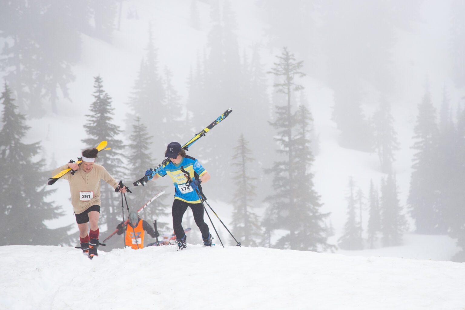Skiers hike up Pandome at Mount Baker Ski Area during Ski to Sea on May 29. Currently