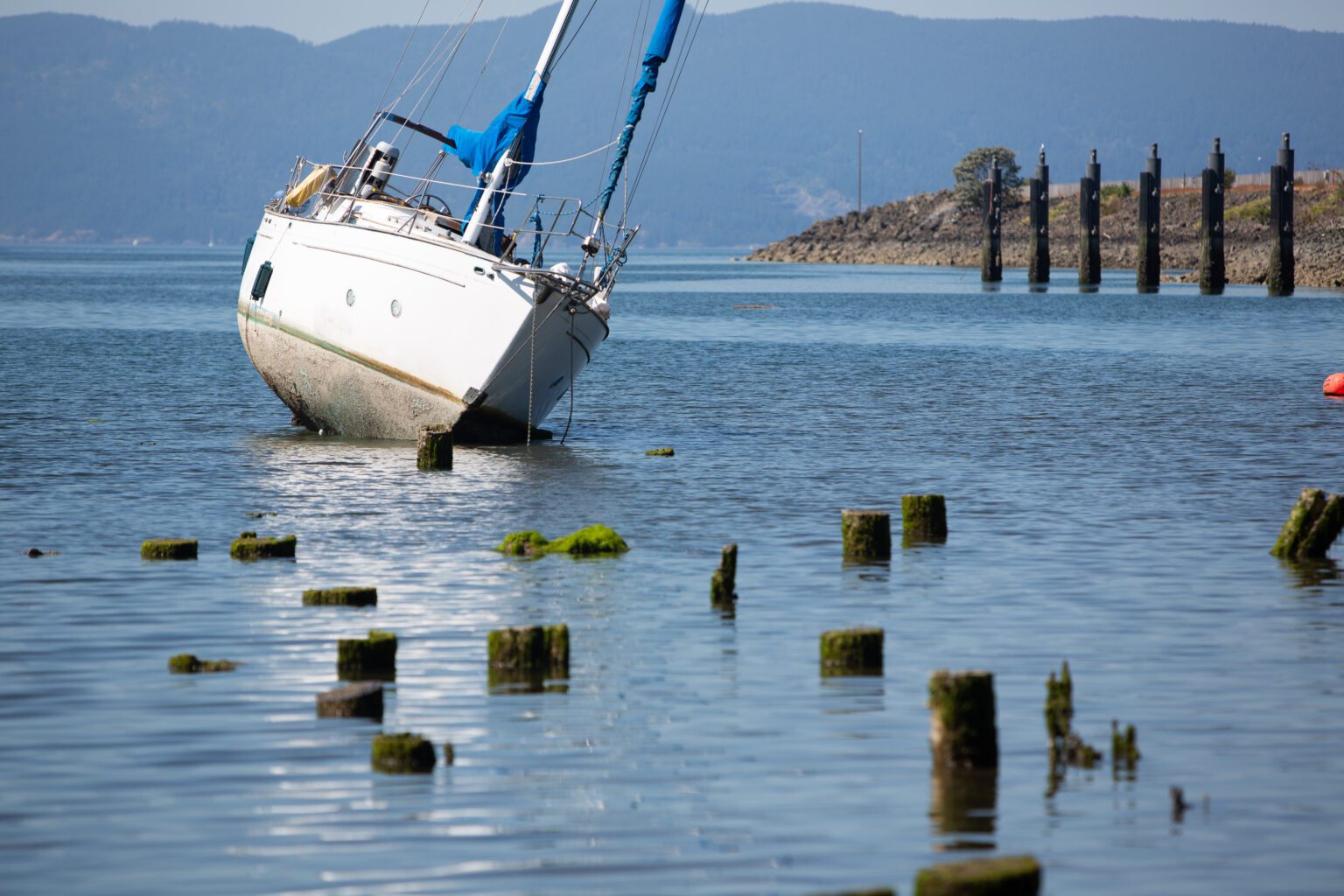 A sailboat beached in the waterway at the mouth of Whatcom Creek on July 25.