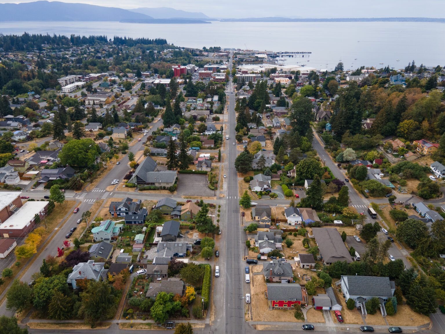 An aerial view of residential neighbourhoods near downtown Bellingham.