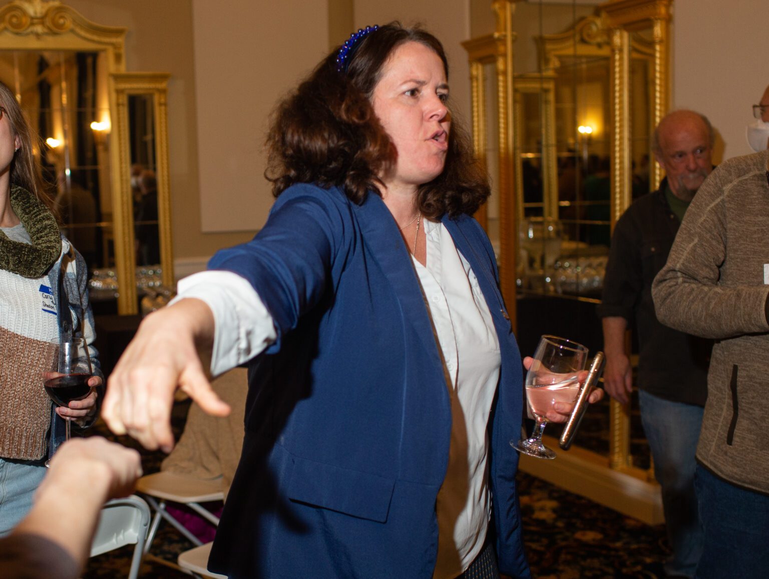 Then-Rep. Sharon Shewmake receives a congratulatory fist bump after receiving the first round of election results at the Hotel Leo on Nov. 8. Shewmake beat incumbent Simon Sefzik in the race for the 42nd District Senate seat.
