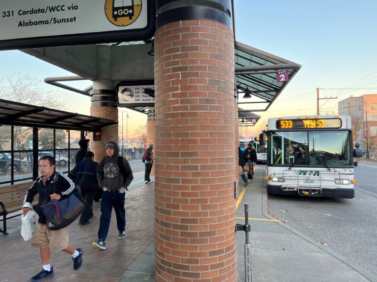 Passengers walk through Whatcom Transportation Authority's Bellingham Station after exiting buses on Nov. 18. WTA's 2023 budget includes funding for a new security team intended to make buses and transit stations safer.