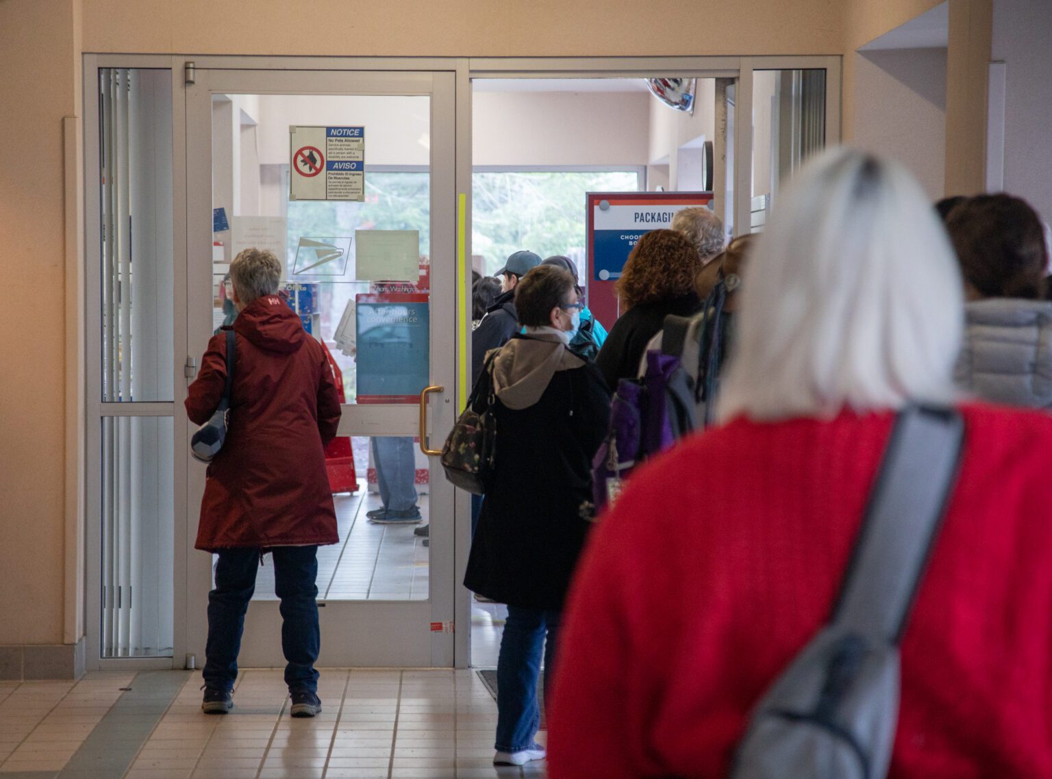Around two dozen people wait in line for packages at the U.S. Post Office off of Orleans Street in Bellingham on Jan 3. Delays have persisted