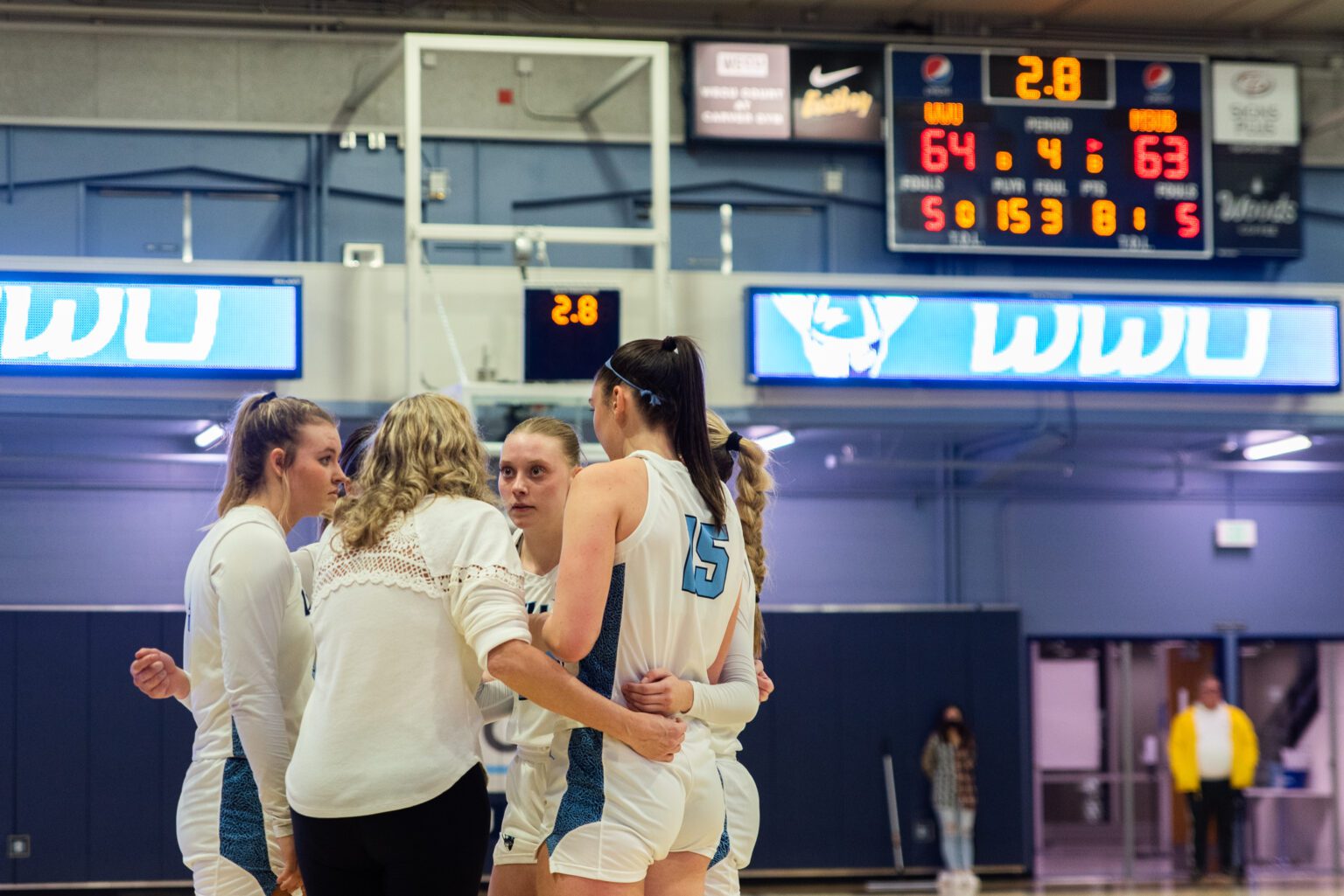 Western Washington University women's basketball team huddles Feb. 16 with less than three seconds left in overtime against Montana State University Billings. The Vikings lost the game 66-64 after MSUB sank a three-pointer right before the buzzer.
