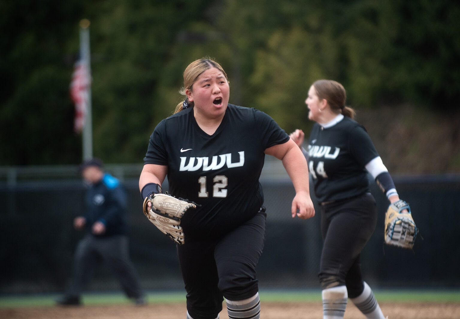 Western Washington University junior pitcher Hanako Hirai celebrates keeping the score tied 8-8 March 26 as Western lost the first game of a four-game series