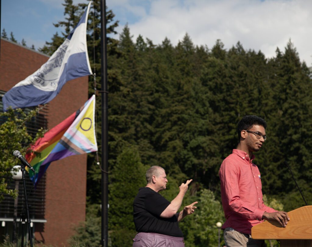 JoeHahn, LGBTQ+ Western's director, welcomes students and other attendees to the Pride celebration.