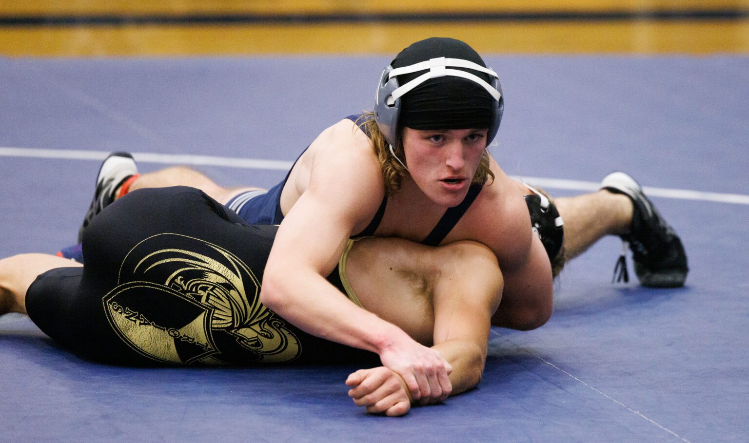 Squalicum’s Luke Blas pins Meridian's Dane Beishline as the Storm hosted a dual wrestling meet with Bellingham