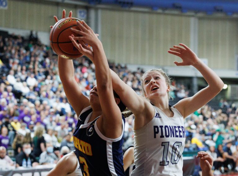 Nooksack Valley’s Lainey Kimball fights for a rebound against Wapato at the Yakima Valley SunDome on March 3.