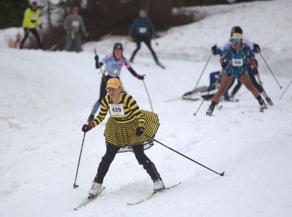 Deb Gordon skis down the slope in a bee-themed outfit followed by three other skiers.