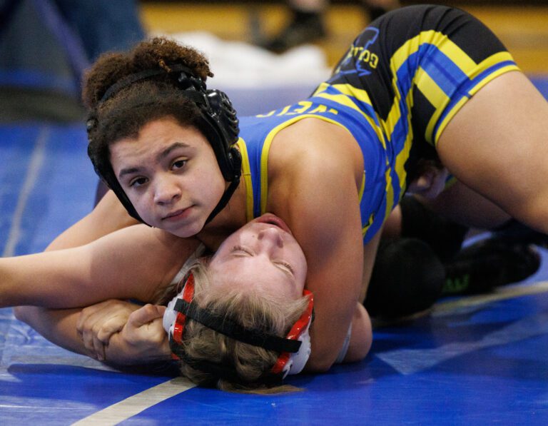 Ferndale’s Malia Welch beat her opponent with a 15-0 major decision during the WIAA Region 1 girls wrestling tournament at Sedro-Woolley High School on Feb. 12. Welch won her championship match and placed first.