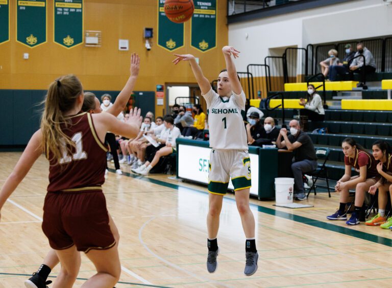 Sehome's Emmy Hart sinks a three-point shot as Sehome beat Lakewood 66-29 in a girls basketball game on Jan. 12.