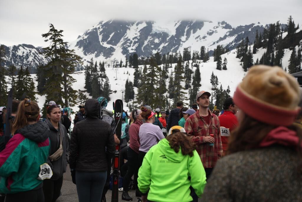 Participants gather for a pre-race meeting at Mt. Baker Ski Area.