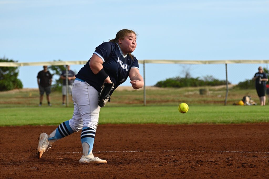 Western junior left-handed pitcher Hanako Hirai sends a pitch Feb. 18 during a game versus Hawaii Pacific. Hirai recorded her first career collegiate win versus Chaminade on Feb. 20.