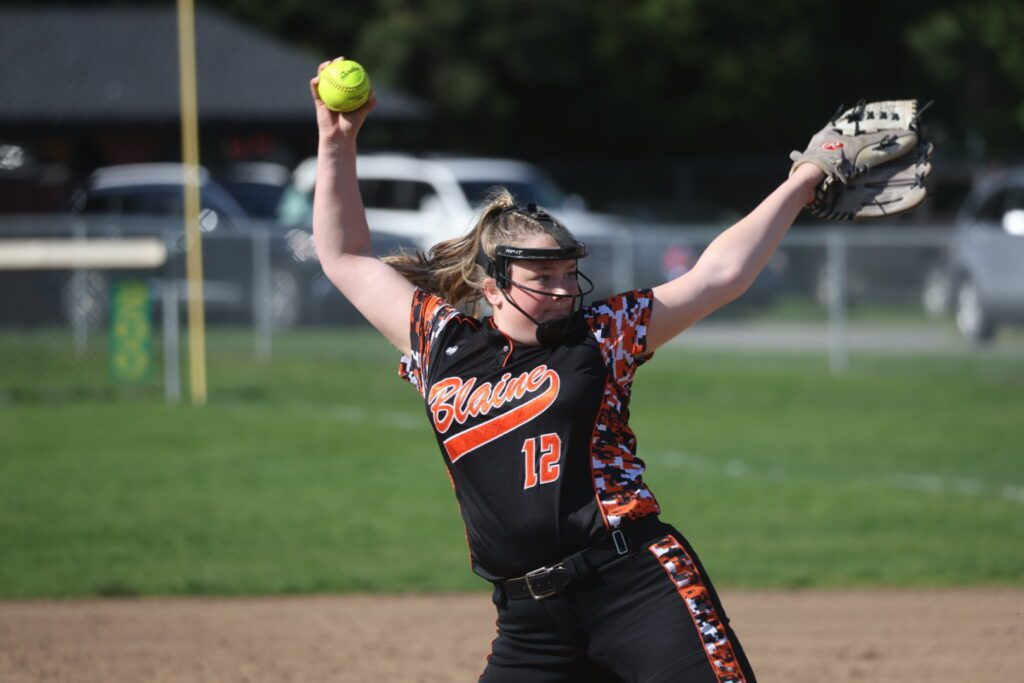 Blaine pitcher Emersyn Bakker winds up for a pitch against Mount Baker on May 2 in Deming. With Bakker on the mound