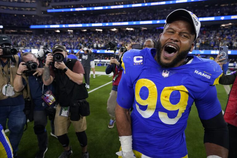 Los Angeles Rams' Aaron Donald celebrates after the NFC Championship NFL football game against the San Francisco 49ers Sunday