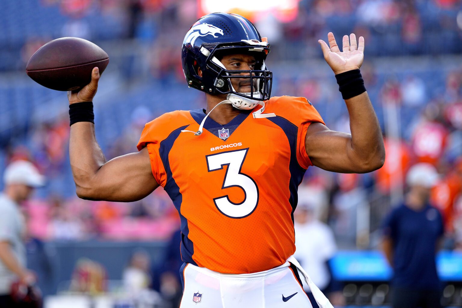 Denver Broncos quarterback Russell Wilson (3) warms up prior to an NFL preseason football game against the Minnesota Vikings