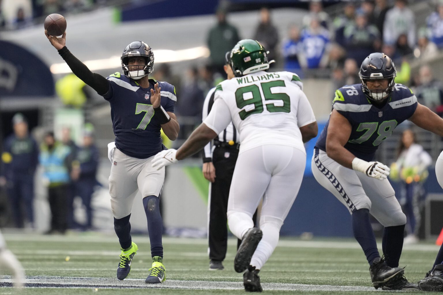 Seattle Seahawks quarterback Geno Smith launches a pass against the New York Jets during the first half of an NFL football game on Jan. 1.