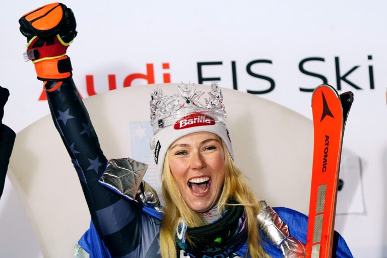 Mikaela Shiffrin of the United States celebrates after winning an alpine ski