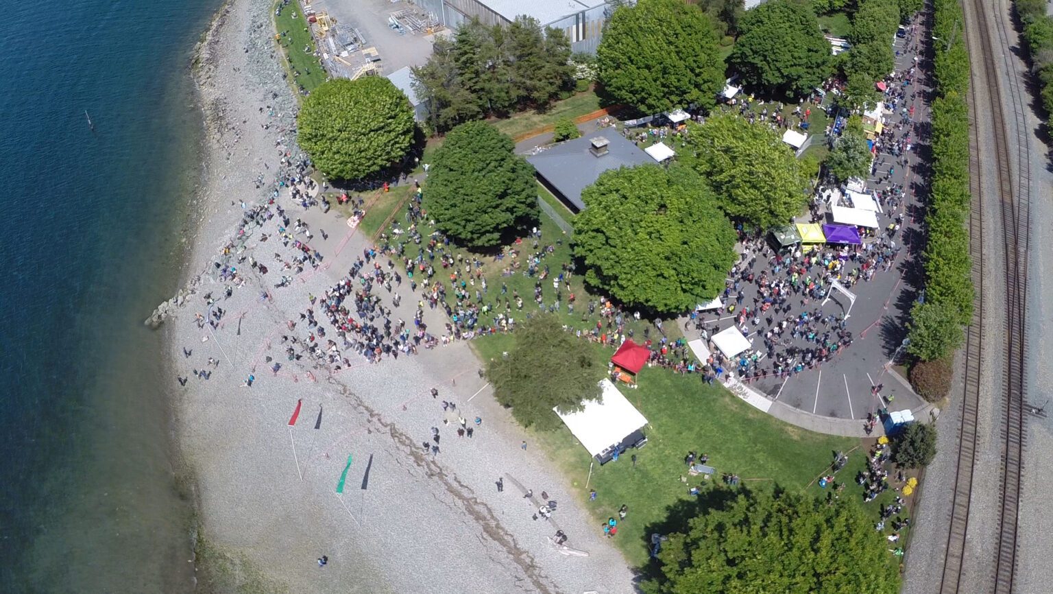 An aerial look at the finish line of the Ski to Sea race at Marine Park in Fairhaven.