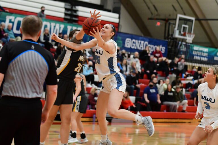 Western Washinton University sophomore forward Brooke Walling looks to the hoop in the Vikings' 69-63 win over Montana State Billings in GNAC tournament on Friday in Lacey. The Vikings will face arch-rival Central Washington University in Saturday's tournament final.