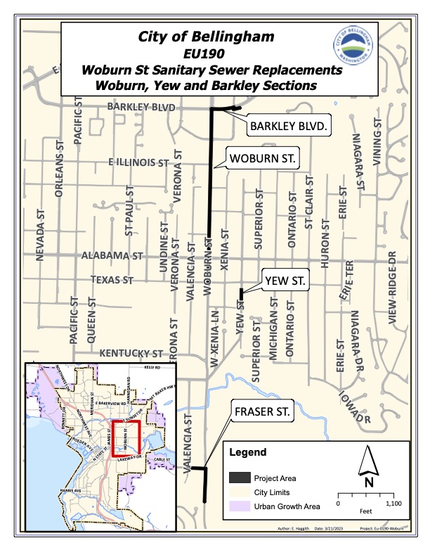 Sewer replacement work will take place on Yew and Woburn streets in Bellingham beginning Monday