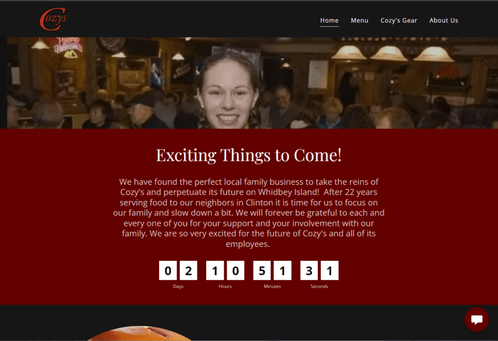 Cozy's Roadhouse website with a countdown to the restaurant's relaunch under a new name.