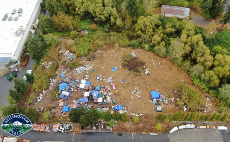 A Bellingham Police Department photo taken on Oct. 25 shows a homeless encampment at 4049 Deemer Road. The piles of garbage have grown larger and more widespread since the photo was taken