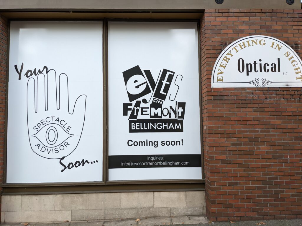 The storefront of Everything in Sight Optical announcing that the store was 'coming soon' and direct inquiries to their email.
