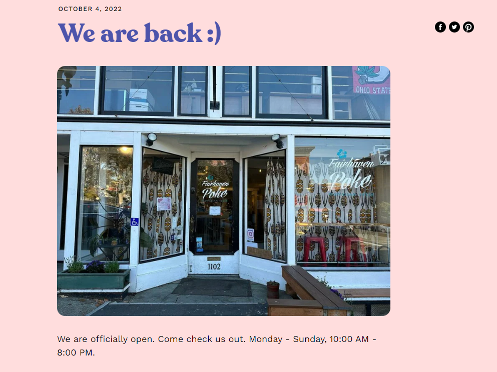 A pink website post of Fairhaven Poke announcing their return.