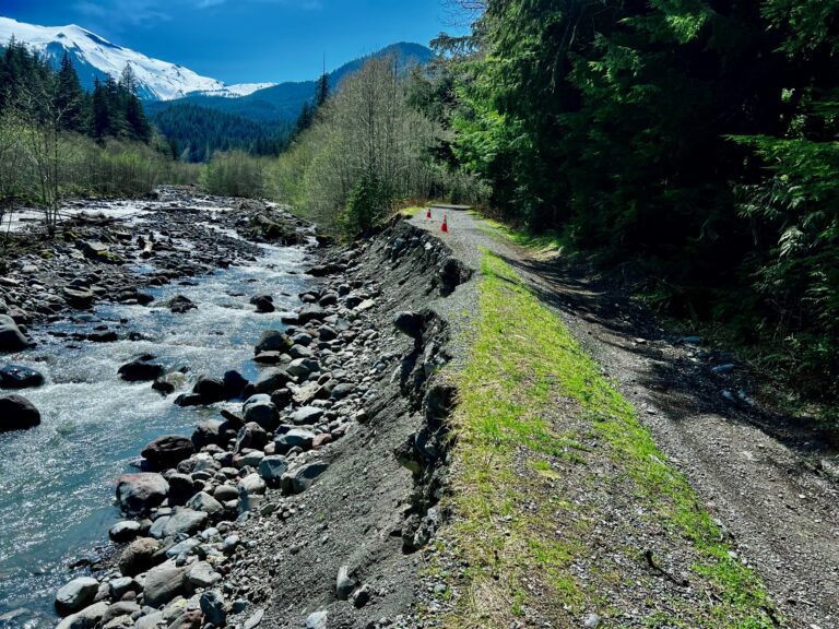 U.S. Forest Service officials closed the Glacier Creek Road after a 290-foot section washed out during flooding in November 2021. Motorized vehicles cannot proceed beyond 3.8 miles from Mt. Baker Highway.
