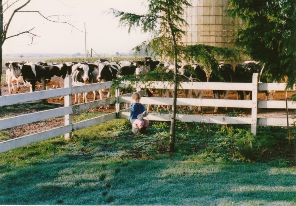 Kate Steensma, at 2 or 3 years old, sits in the yard of her family dairy farm. Behind her, white fences and cows curious of the toddler.