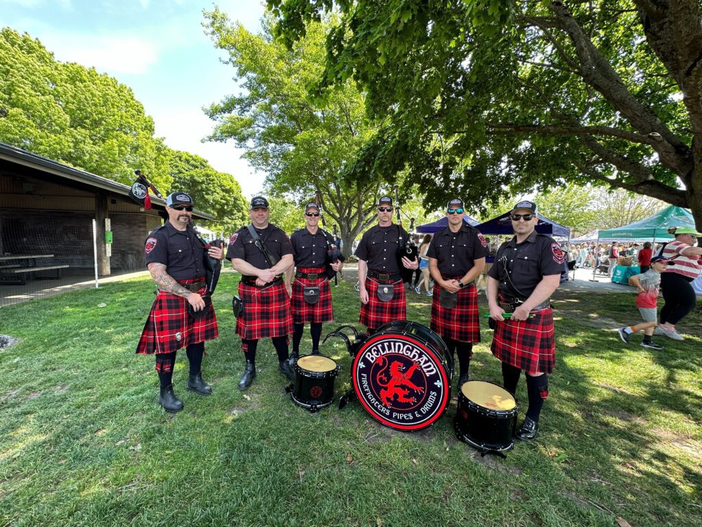 Members of the Bellingham Firefighters posing with their musical instruments.