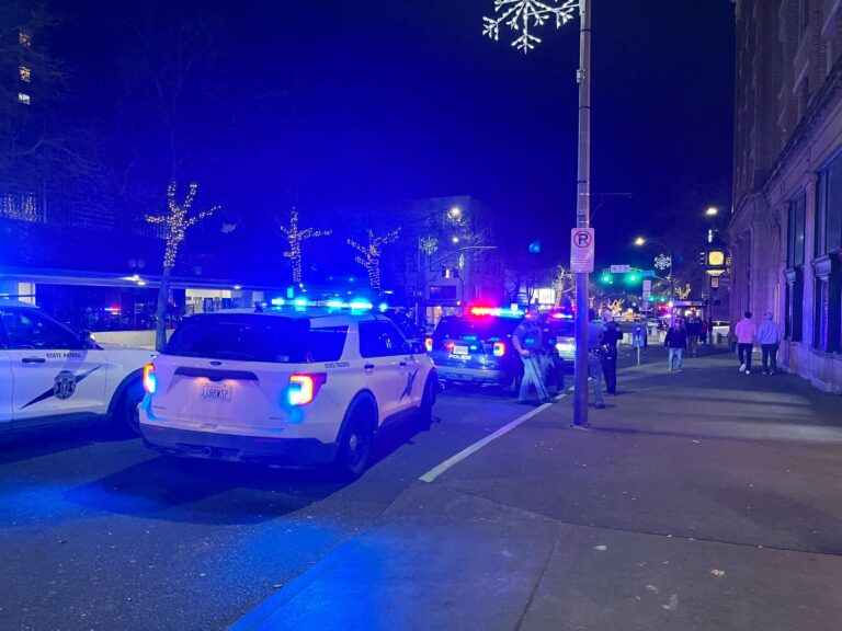 Bellingham Police shut down Holly Street Friday night in response to a report of shots fired downtown.