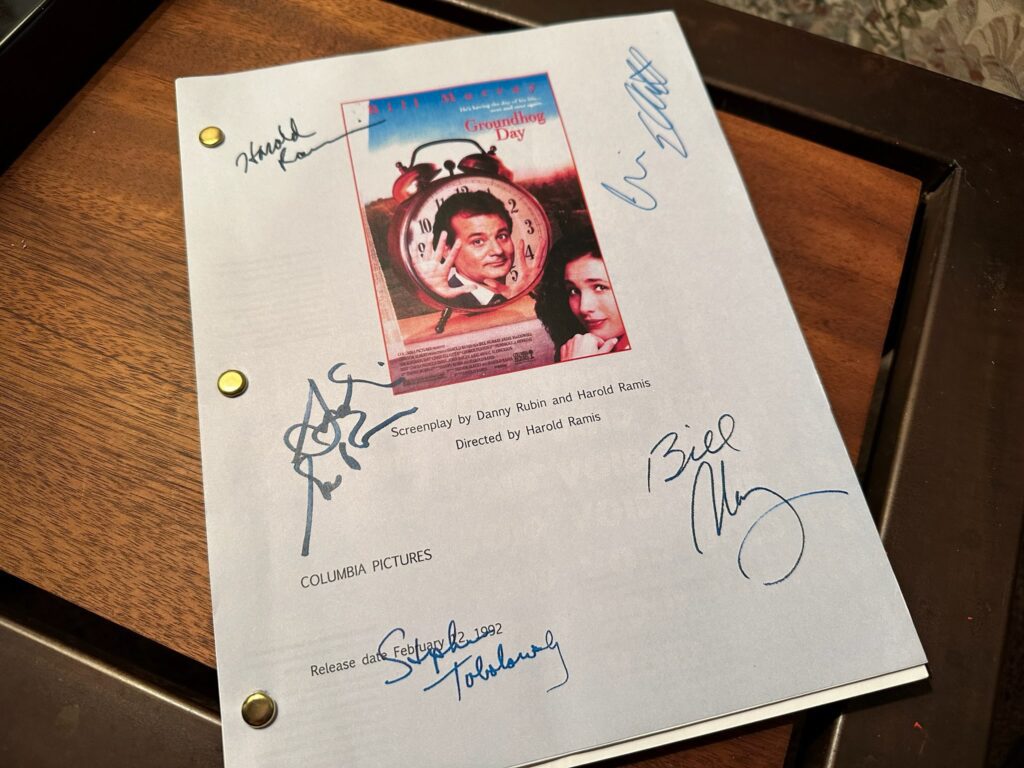 A copy of the "Groundhog Day" script is signed by the movie's actors.