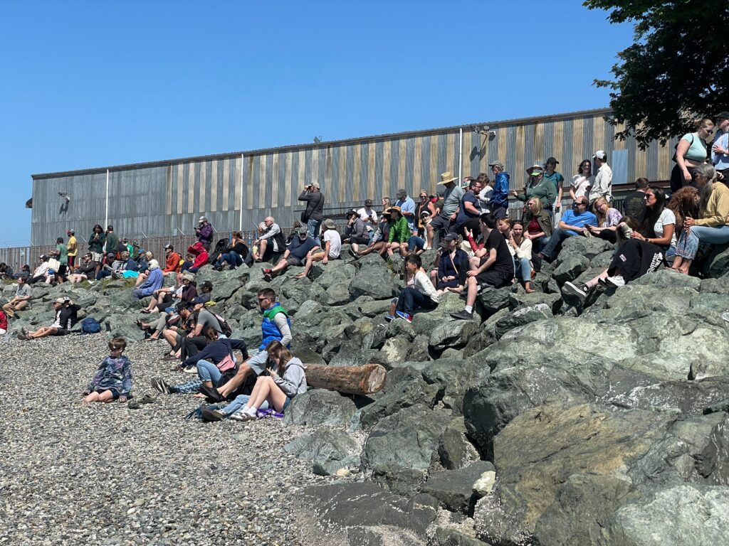 Groups of people gather on the rocks in Fairhaven to watch the sea kayakers race to land.